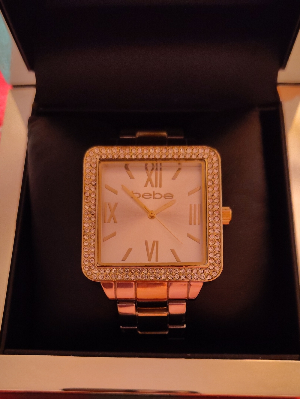 bebe Gold Tone Crystal Square Bracelet Watch